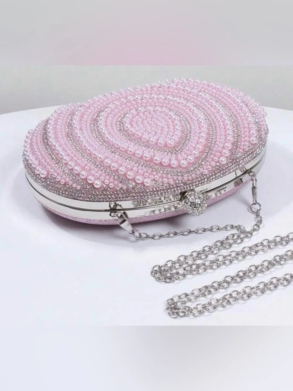 Pearl & Crystal Embellished Clutch - Pink